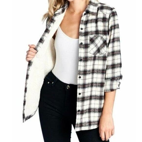 Ci Cono Plaid Flannel Sherpa Shacket Jacket Womens L Gorpcore Cabincore Cozycore - Picture 1 of 11